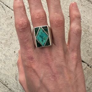 Vintage Untested Silver? Tone Inlaid Turquoise Mens Ring Chunky Size 10.5